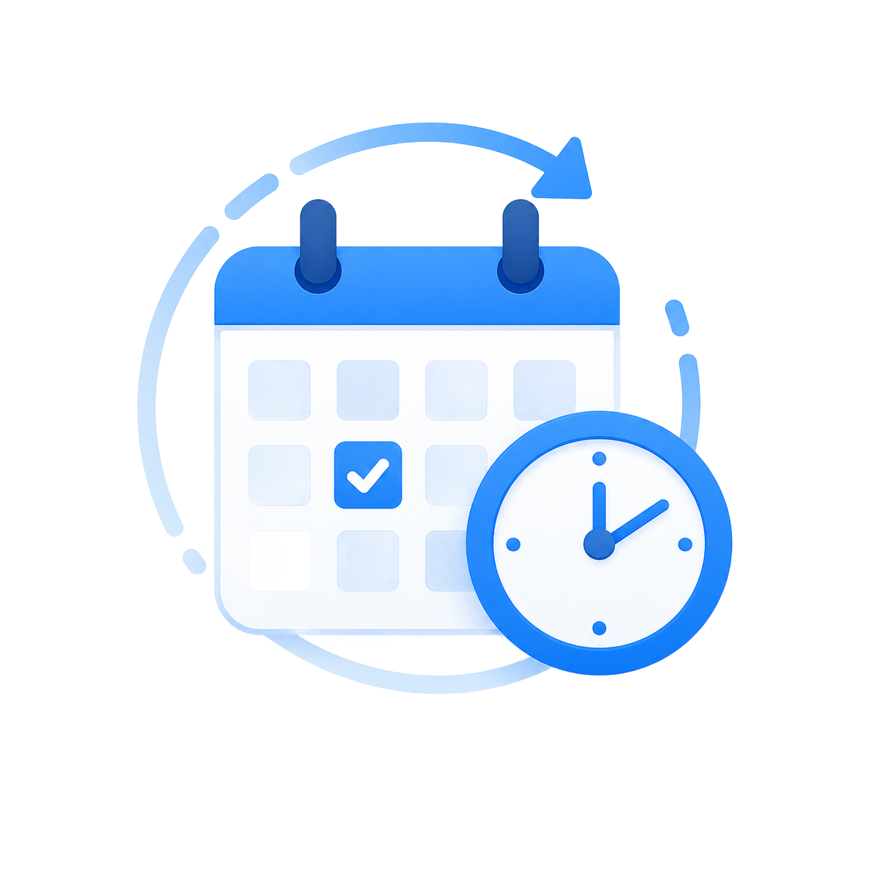 Blue calendar icon with a checkmarked date and clock, suggesting scheduling or reminders