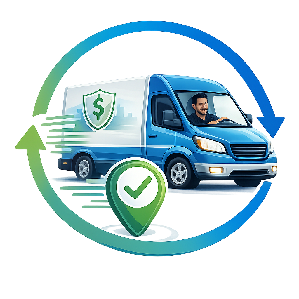 Blue delivery truck with shield and checkmark, suggesting secure, insured shipping.
