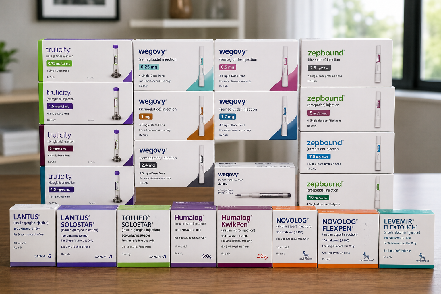Stacked boxed wellness and beauty products arranged on shelves and a table in a store display