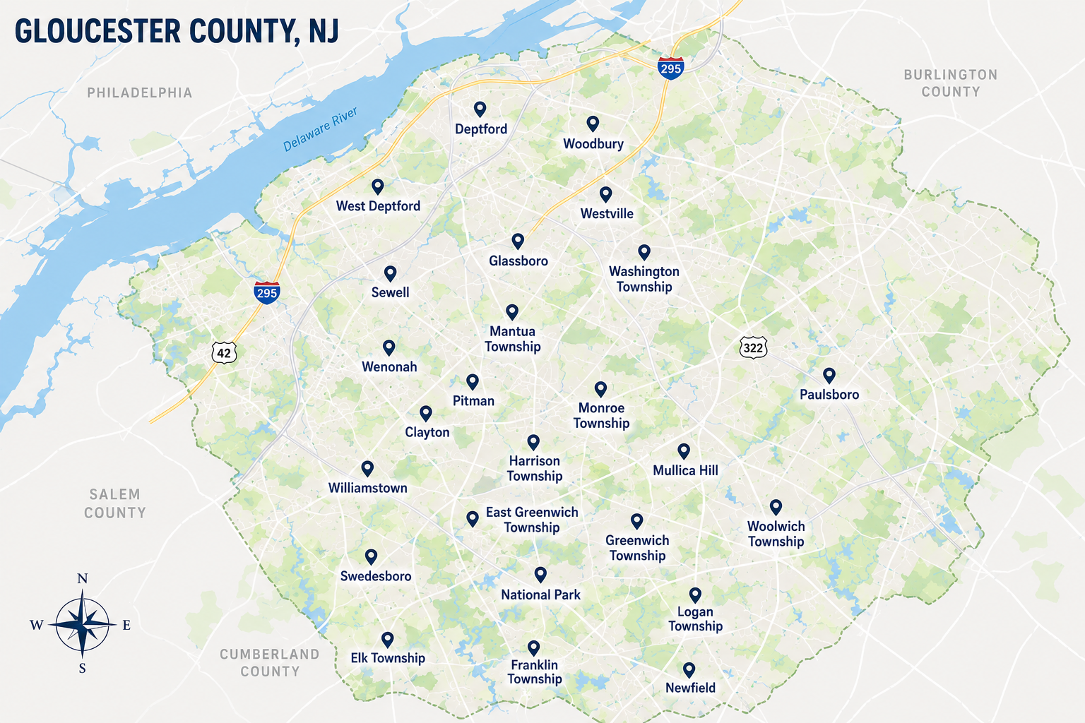Map of Gloucester County, NJ with towns, roads, and parks labeled on a light background