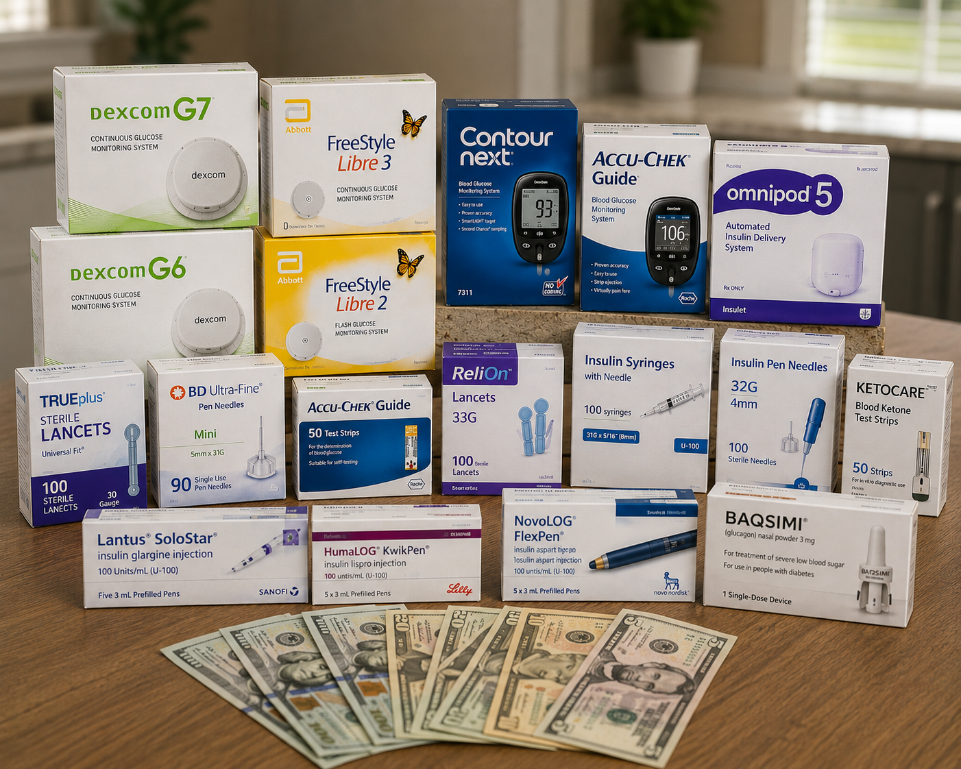 Assorted contact lens boxes and packs arranged on a wooden table with cash spread in front.
