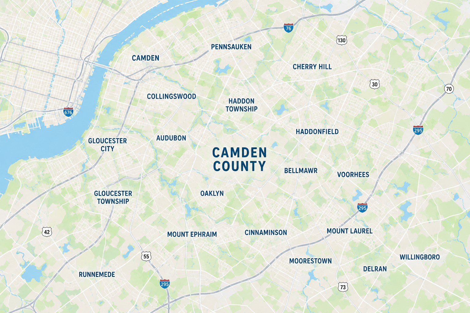 Map of Camden County with towns and waterways labeled in blue and green.