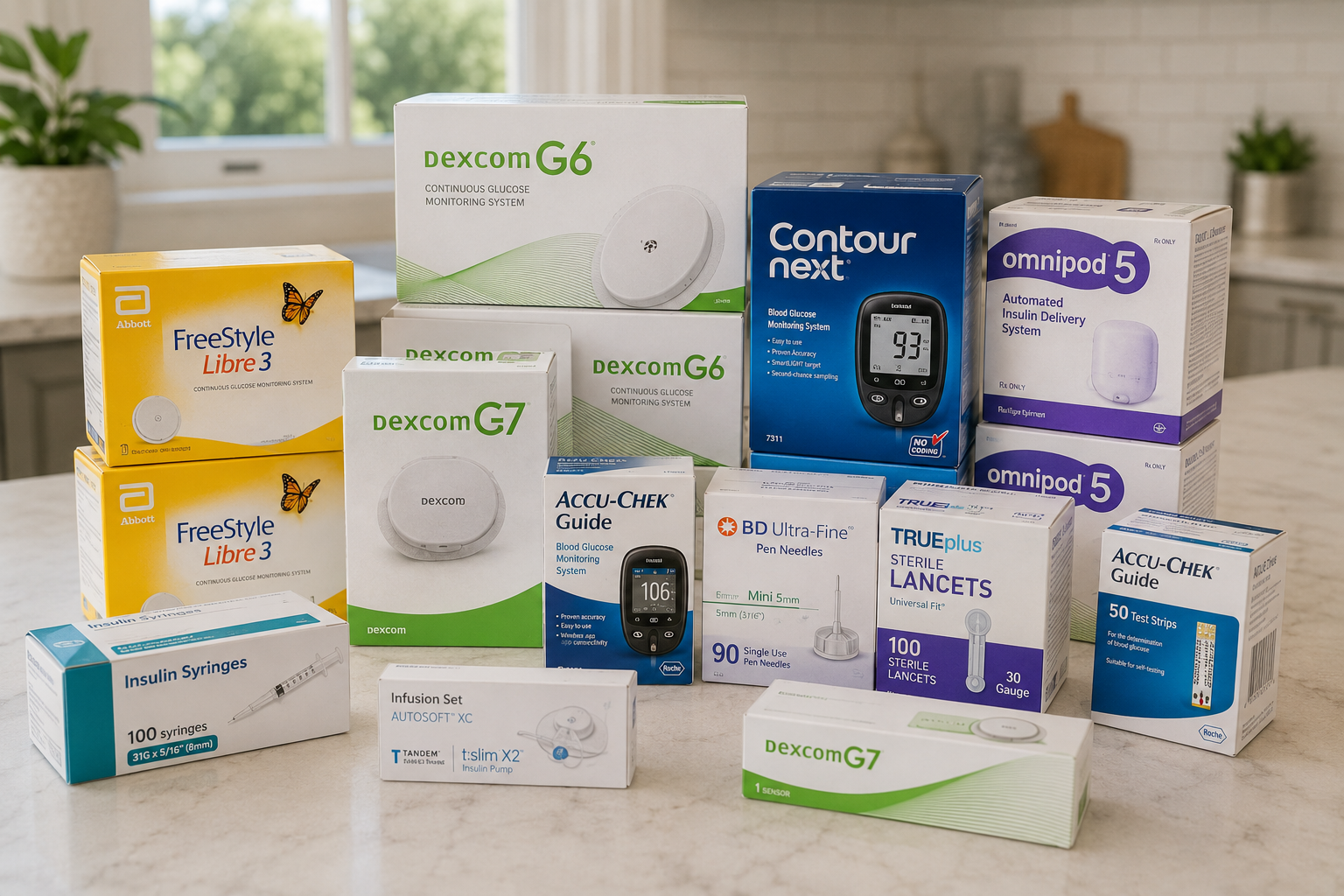 Boxed contact lenses displayed on a bright counter, with assorted brand packaging in white, green, blue, and purple.