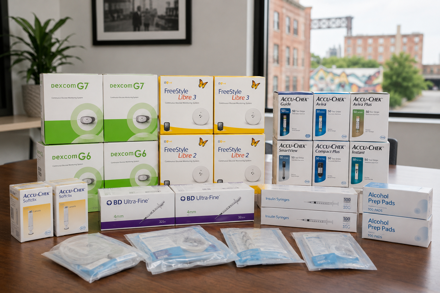 Assorted boxed medical supplies and test kits arranged on a table by a window