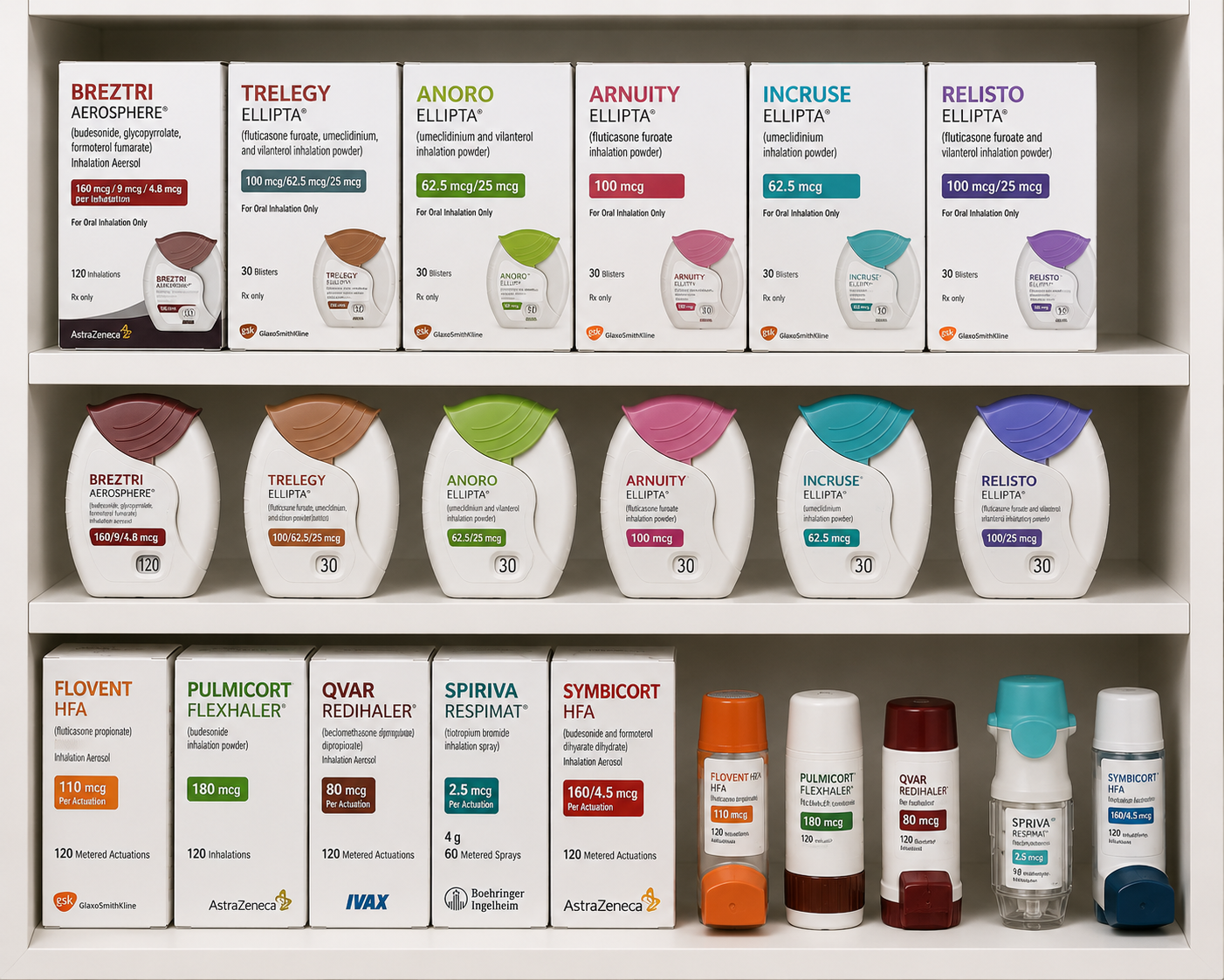 Assorted Nectre body care products on white shelves, with colorful packaging and bottles arranged in rows.