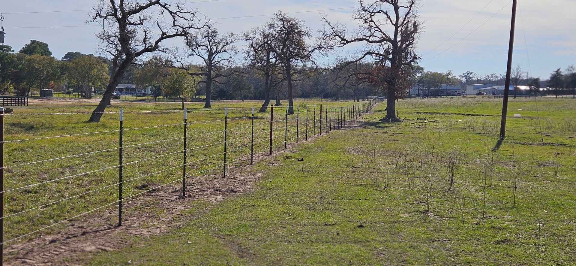 Green grassy field with a fence in the middle with trees in the background under a blue sky.