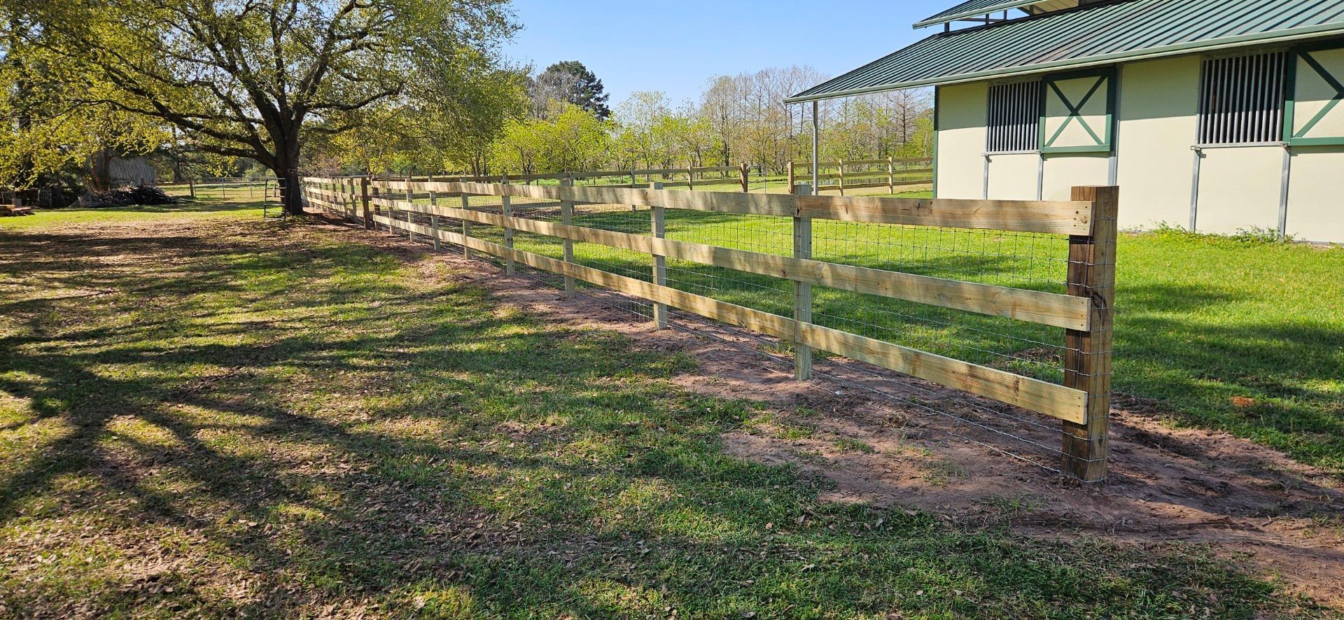 A wooden fence in a grassy yard, with a building and tree visible in the background on a sunny day.