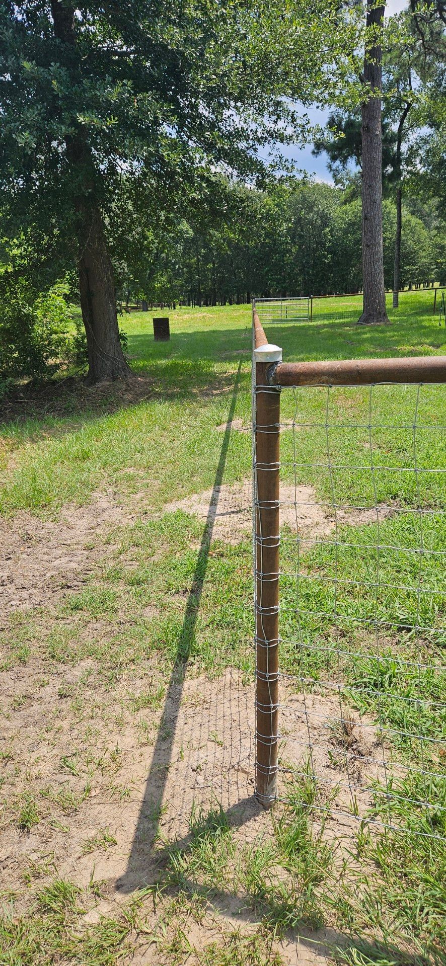A brown fence post with a long shadow in a grassy area with trees in the background.