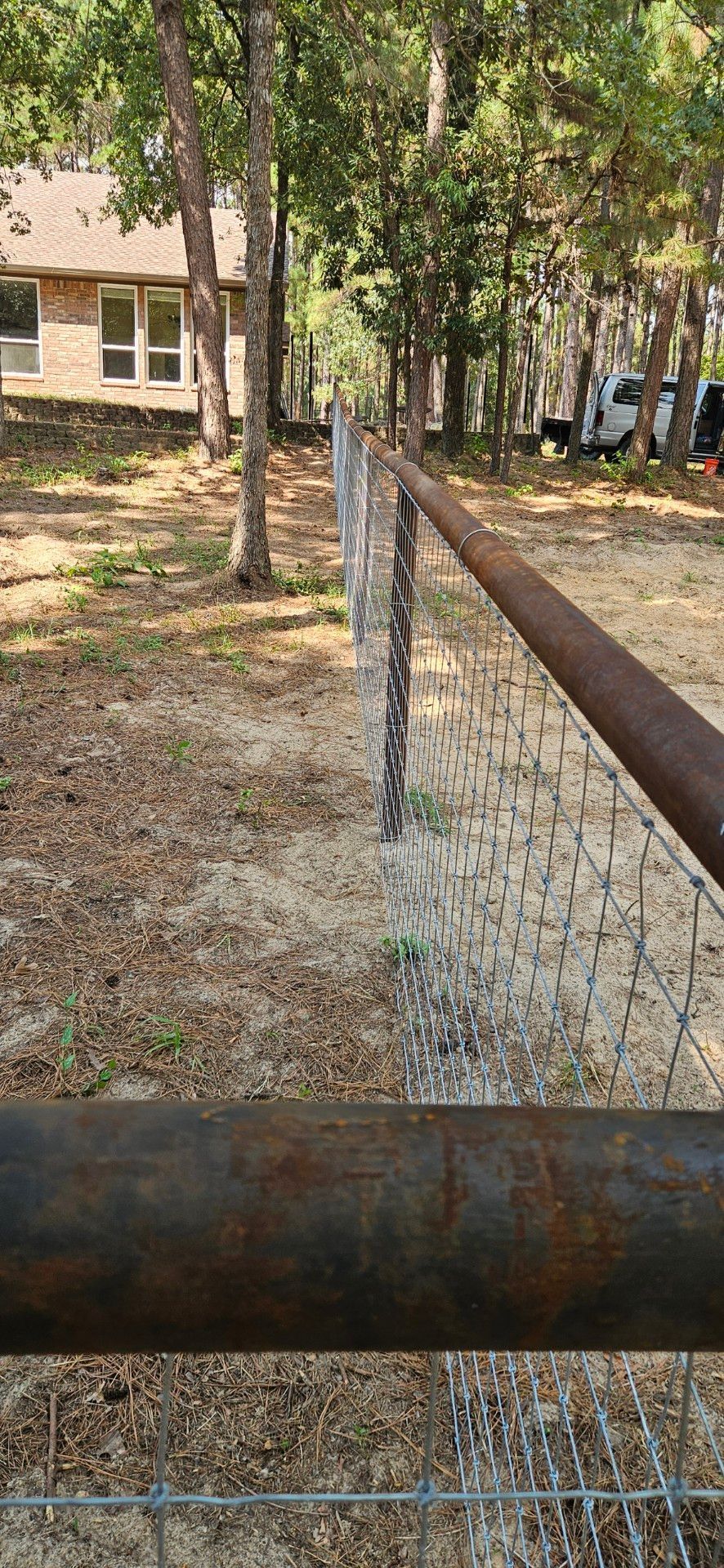 A rusty metal fence runs through a wooded area, a house is visible in the background.