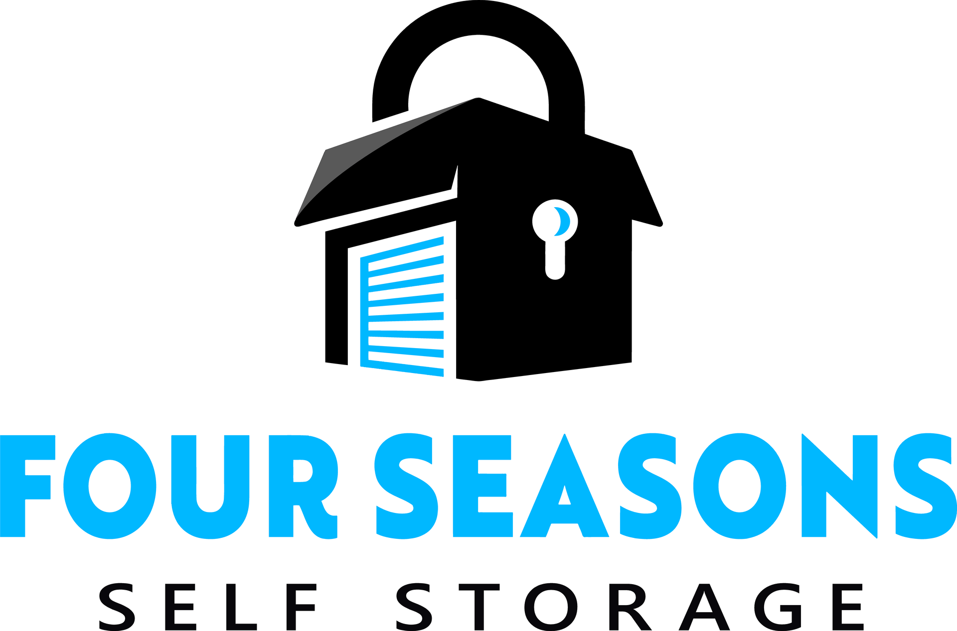 Logo for Four Seasons Self Storage: black box-shaped lock with garage door, blue text.