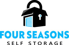 Logo for Four Seasons Self Storage: black box-shaped lock with garage door, blue text.
