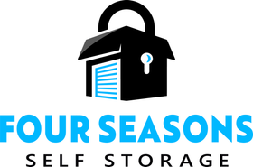 Logo for Four Seasons Self Storage: black box-shaped lock with garage door, blue text.