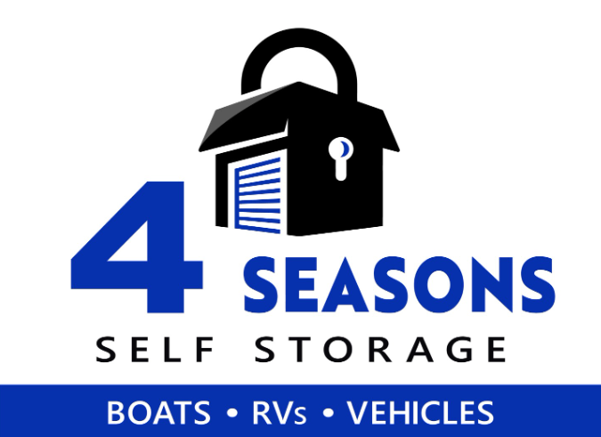 Logo for Four Seasons Self Storage: black box-shaped lock with garage door, blue text.