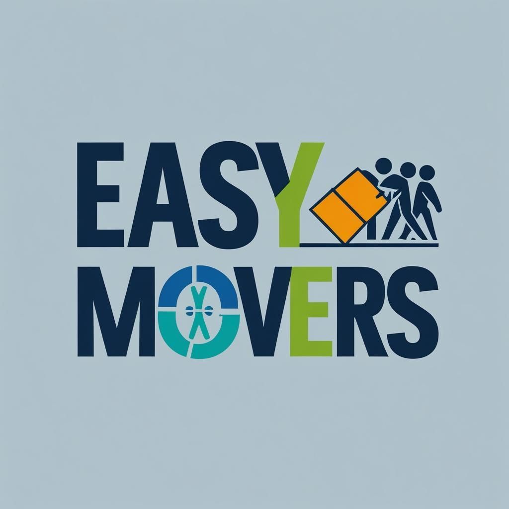 Logo for Easy Movers: Navy text, green accents.  Three figures carrying orange box.  