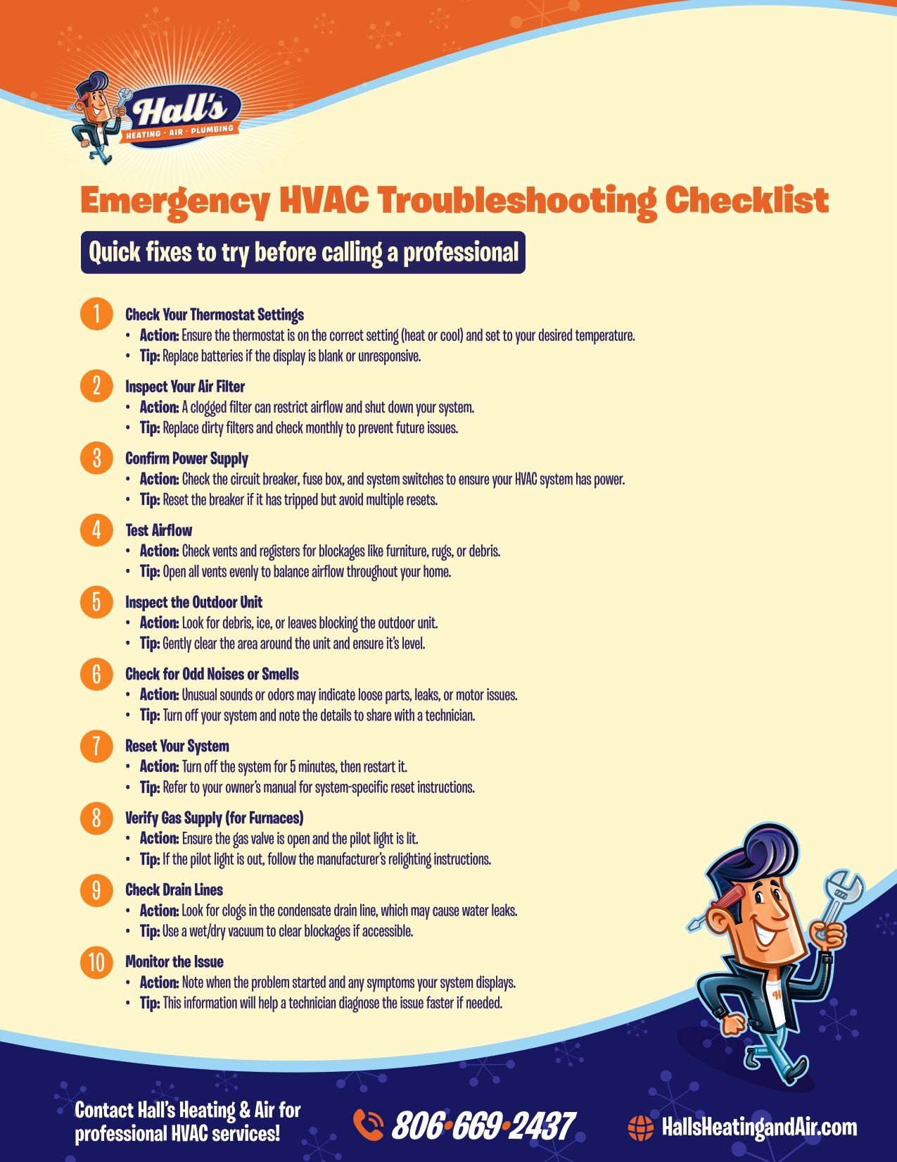 Emergency HVAC troubleshooting checklist with a cartoon repairman. Hall's logo, phone number, and website are also visible.