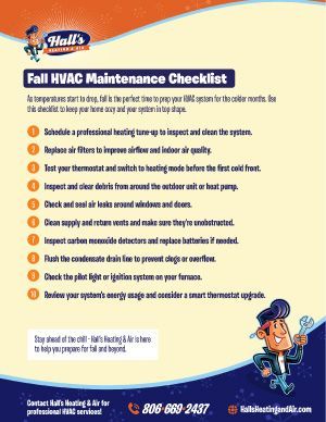 Fall HVAC maintenance checklist ad. Hall's Heating logo with a cartoon man holding a wrench, orange and blue background.