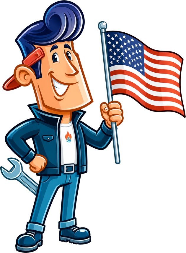 Cartoon mechanic holding an American flag, wearing blue coveralls and smiling