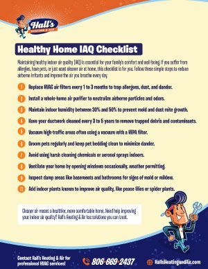IAQ checklist from Hall's Heating & Air, detailing steps for a healthy home environment.