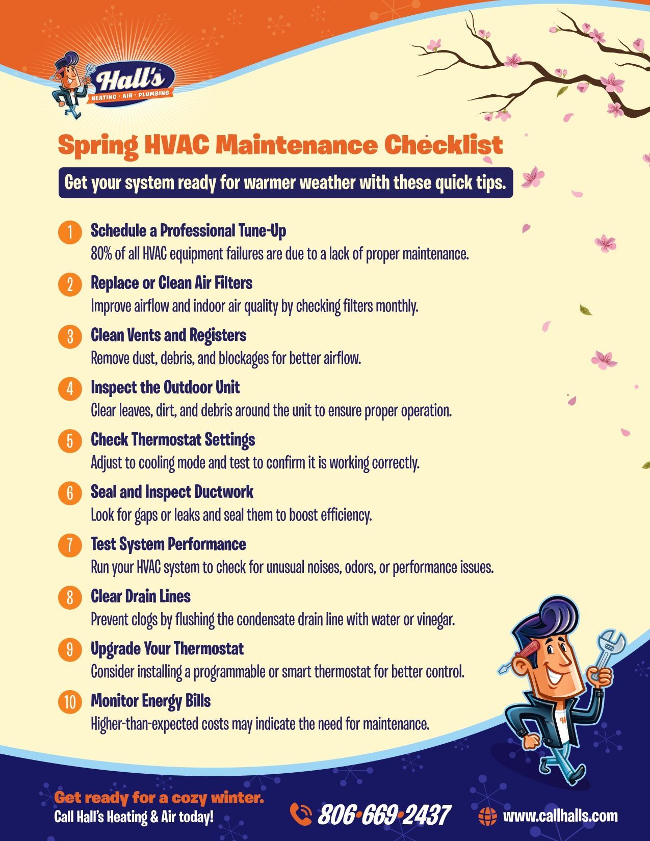Spring HVAC maintenance checklist. A cartoon man with a wrench stands next to the checklist.