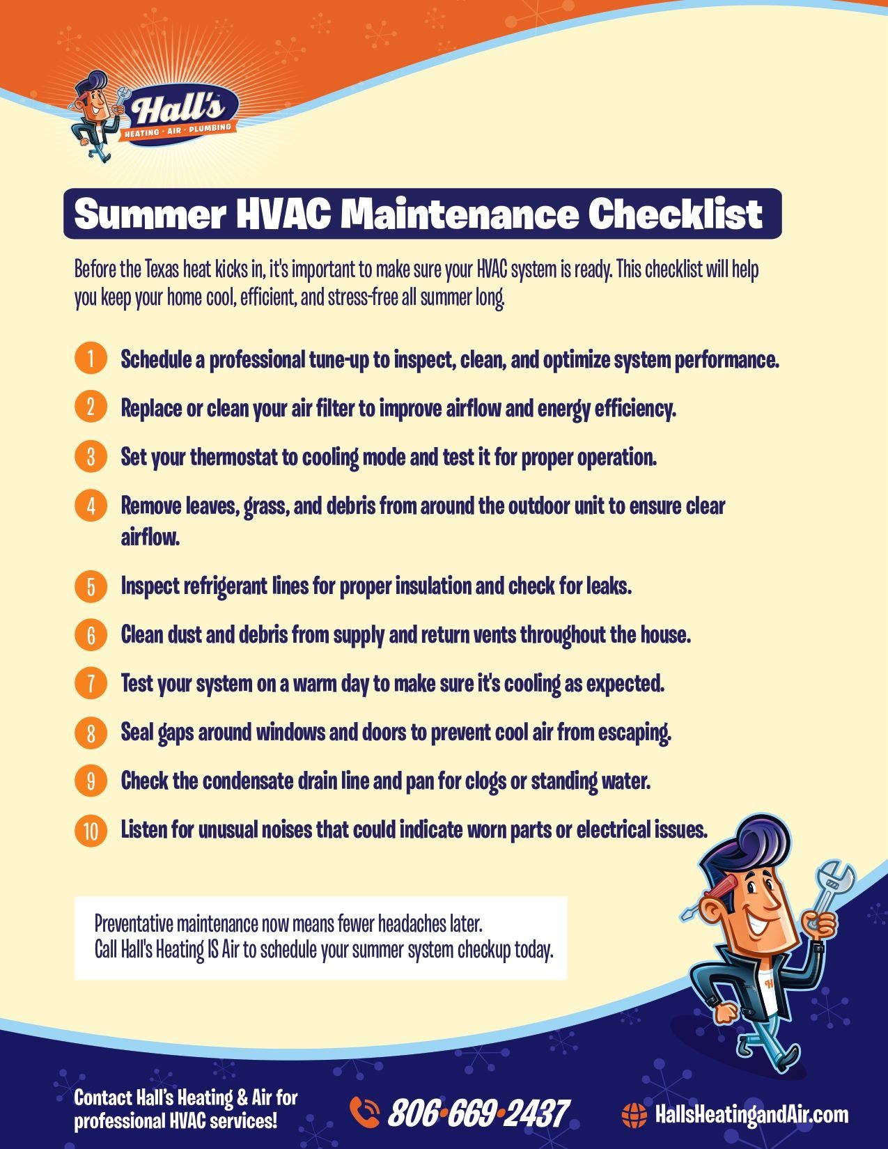 Summer HVAC maintenance checklist from Hall's: includes a checklist and a cartoon handyman.