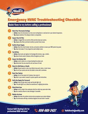 Emergency HVAC troubleshooting checklist with a cartoon repairman. Hall's logo, phone number, and website are also visible.
