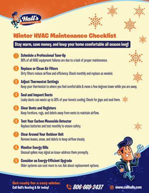 Winter HVAC maintenance checklist from Hall's. A cartoon man with a wrench is on the bottom right.
