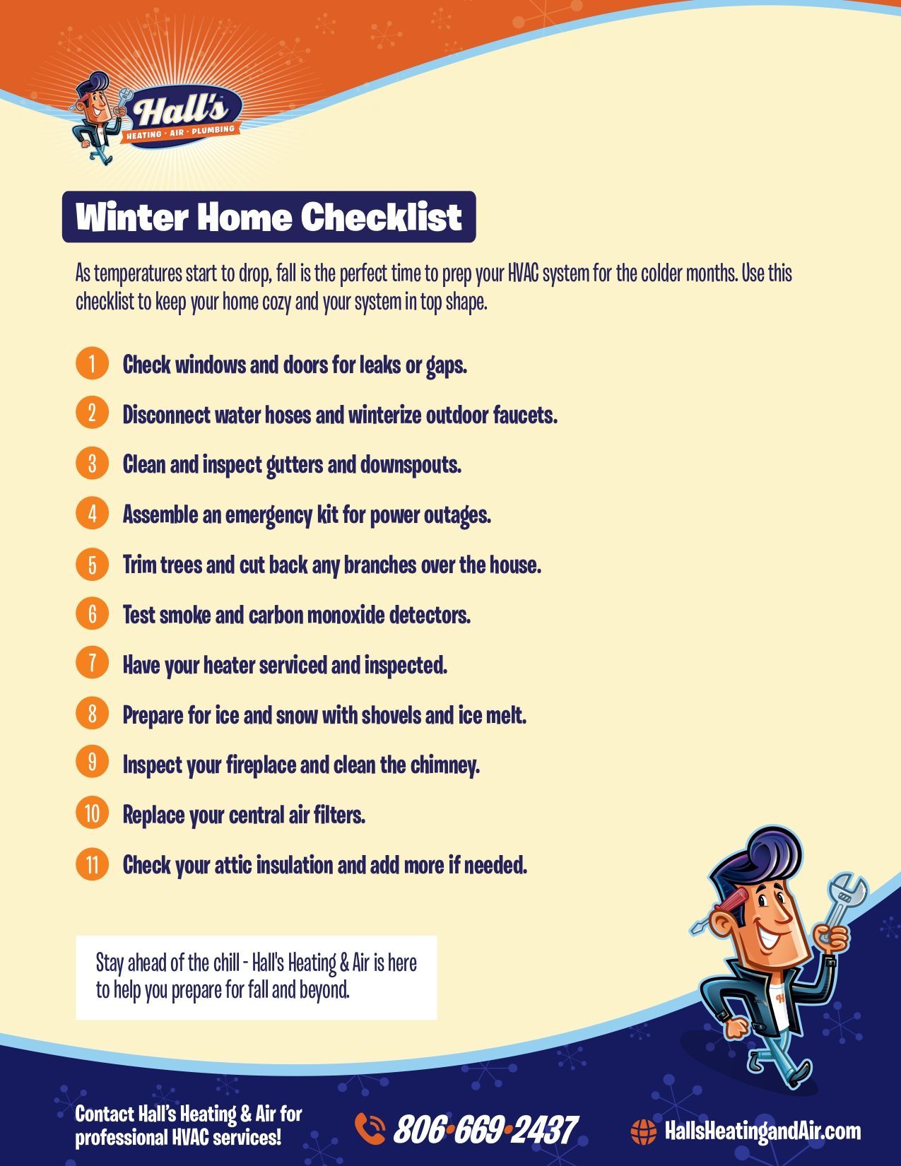 Winter home checklist with cartoon man, Hall's Heating & Air logo, and contact info.