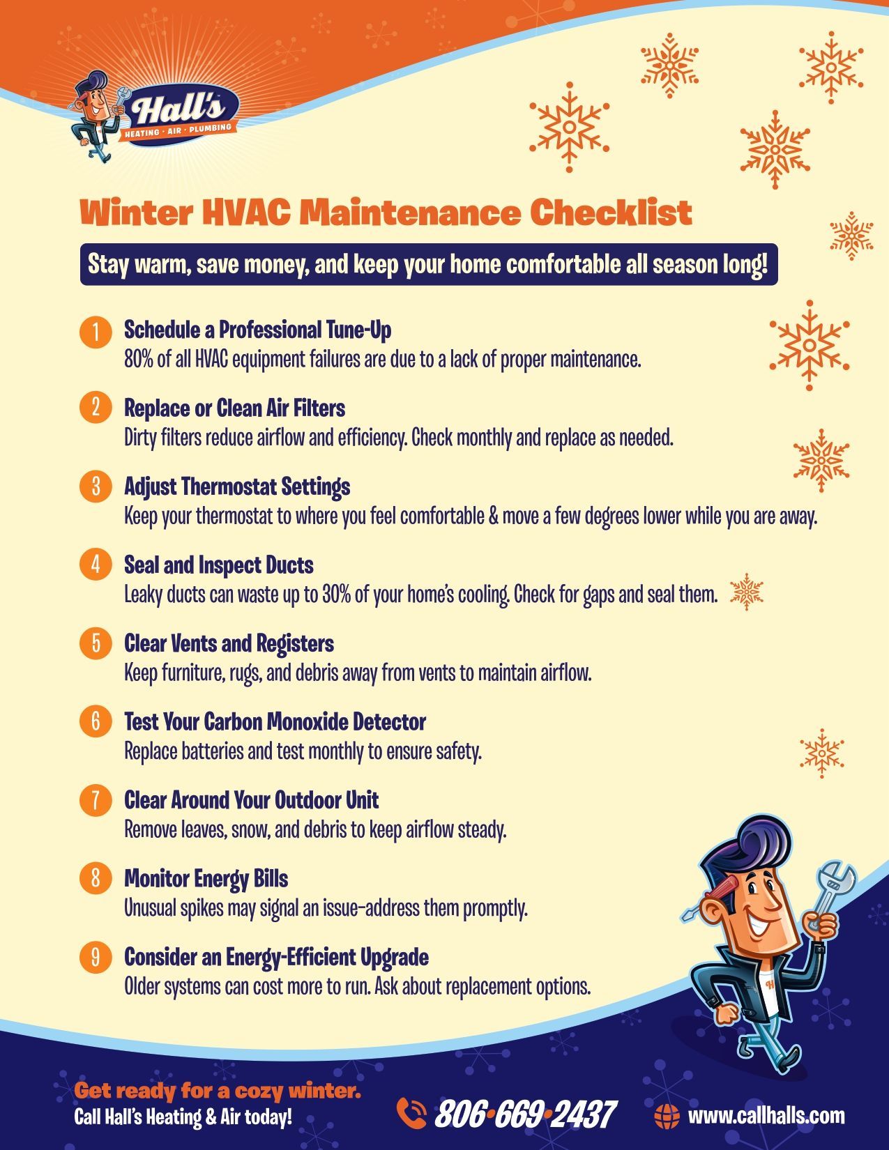 Winter HVAC maintenance checklist from Hall's. A cartoon man with a wrench is on the bottom right.