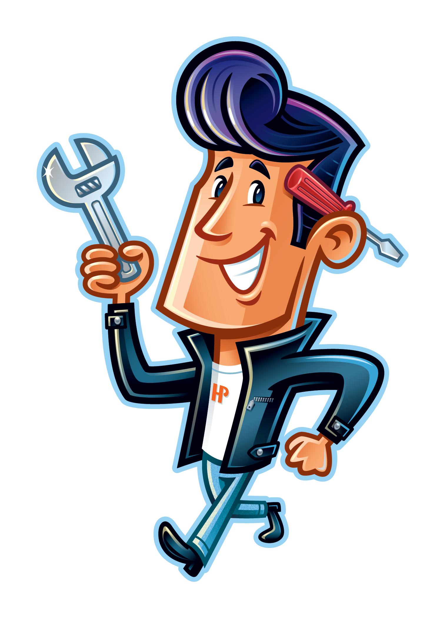 Cartoon man with pompadour hairstyle, holding wrench, running. Has screwdriver in ear, wearing leather jacket.