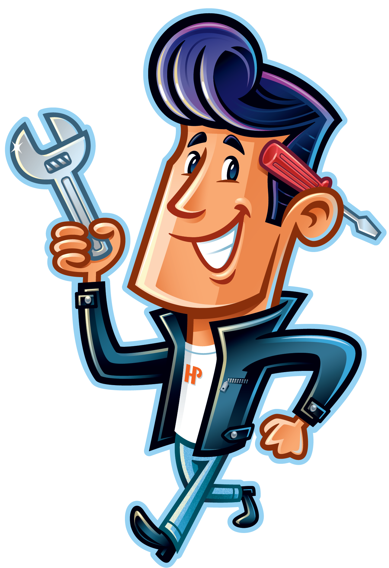 Cartoon mechanic with pompadour, holding wrench and screwdriver, wearing jacket and walking forward.