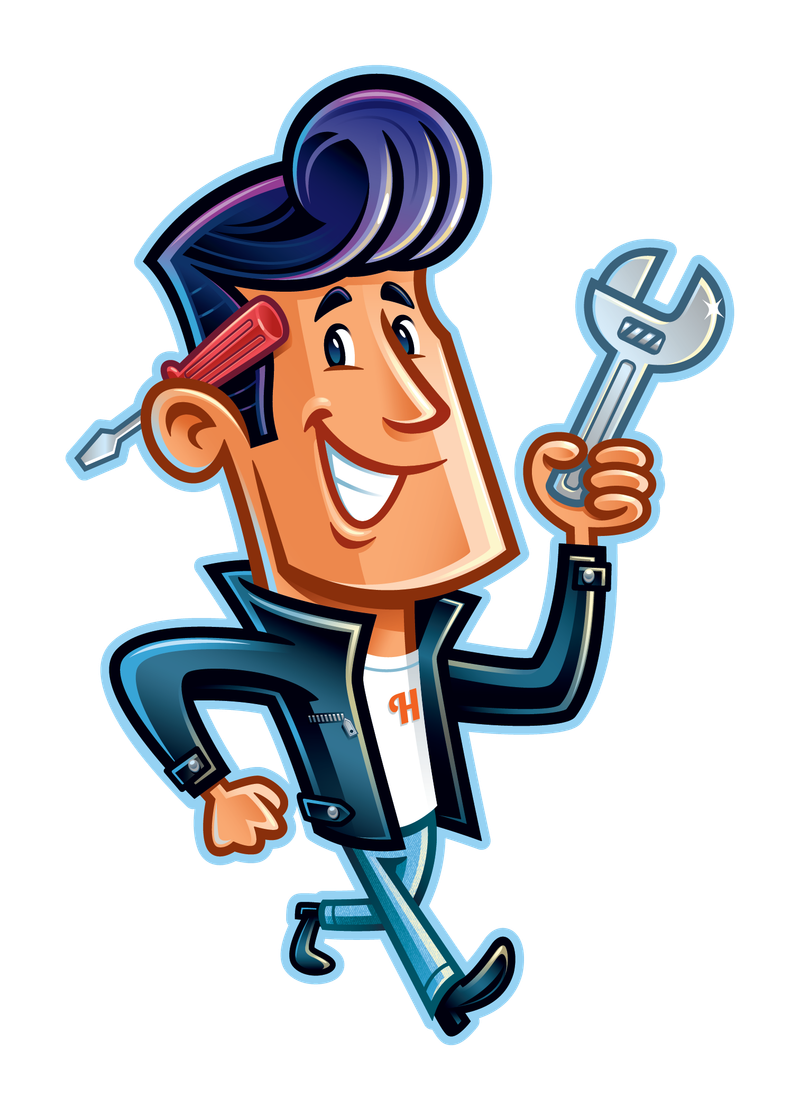 Mechanic cartoon with dark slicked hair, a red headband, and holding a wrench.