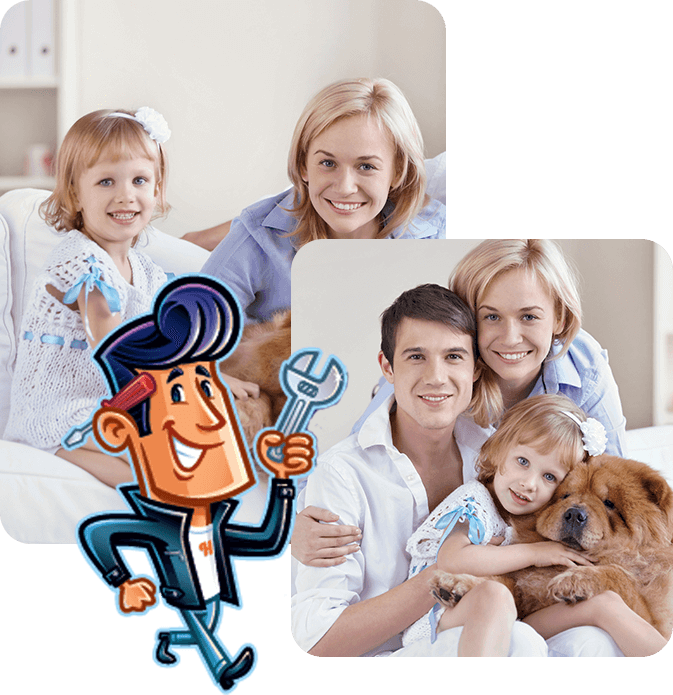 Cartoon handyman with wrench; photos of a smiling family with child and dog.