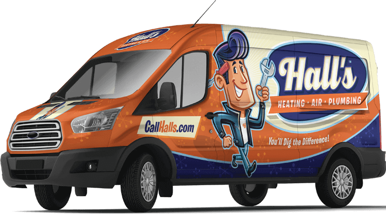 Orange and white Hall's Heating & Plumbing service van featuring cartoon man with a wrench.