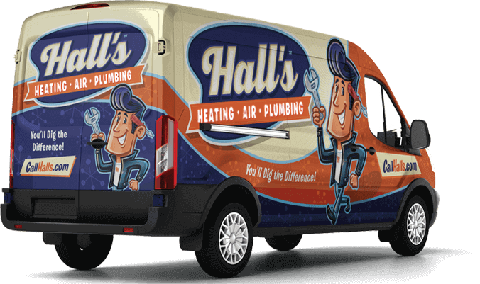 Hall's Heating, Air, Plumbing van with a cartoon repairman holding a wrench. Orange, blue, and white graphics.