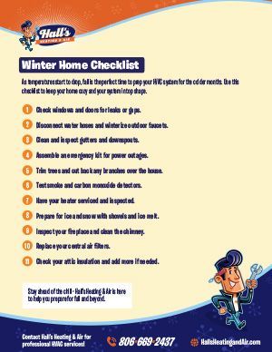 Winter home checklist with cartoon man, Hall's Heating & Air logo, and contact info.
