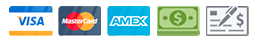 Payment methods: Visa, Mastercard, AMEX, cash, and check accepted.