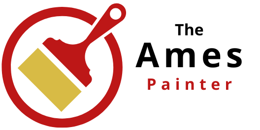 Logo for The Ames Painter: Red circle with red paintbrush and yellow rectangle, text 