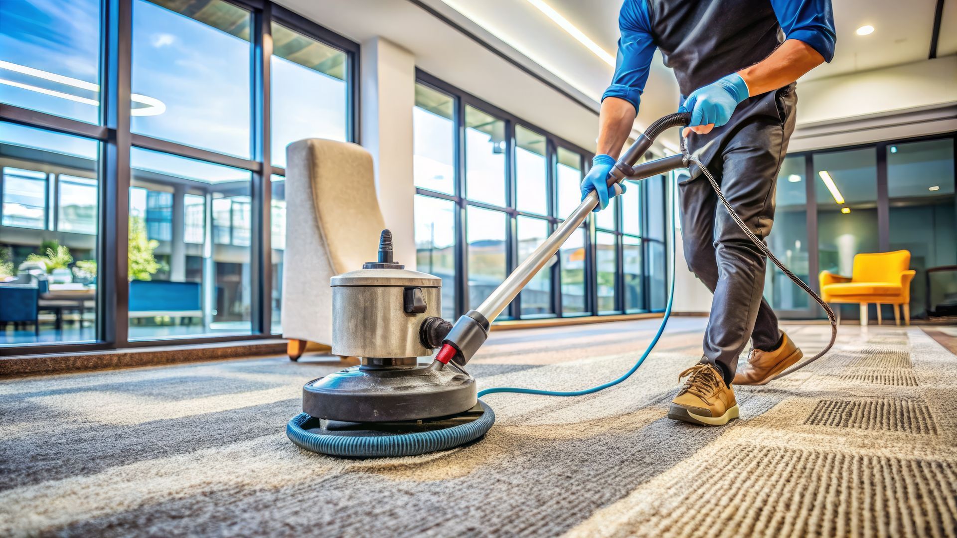 Professional technician using a rotary machine for a deep carpet cleaning service in an office. Professional technician using a rotary machine for a deep carpet cleaning service in an office.
