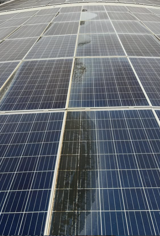 Una fila di pannelli solari su un tetto con una striscia di sporco e acqua stagnante lungo la colonna centrale.
