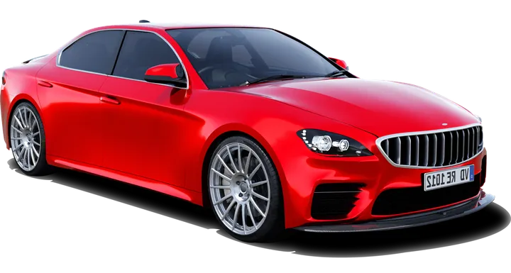 Red sedan car with a black grill and silver wheels.