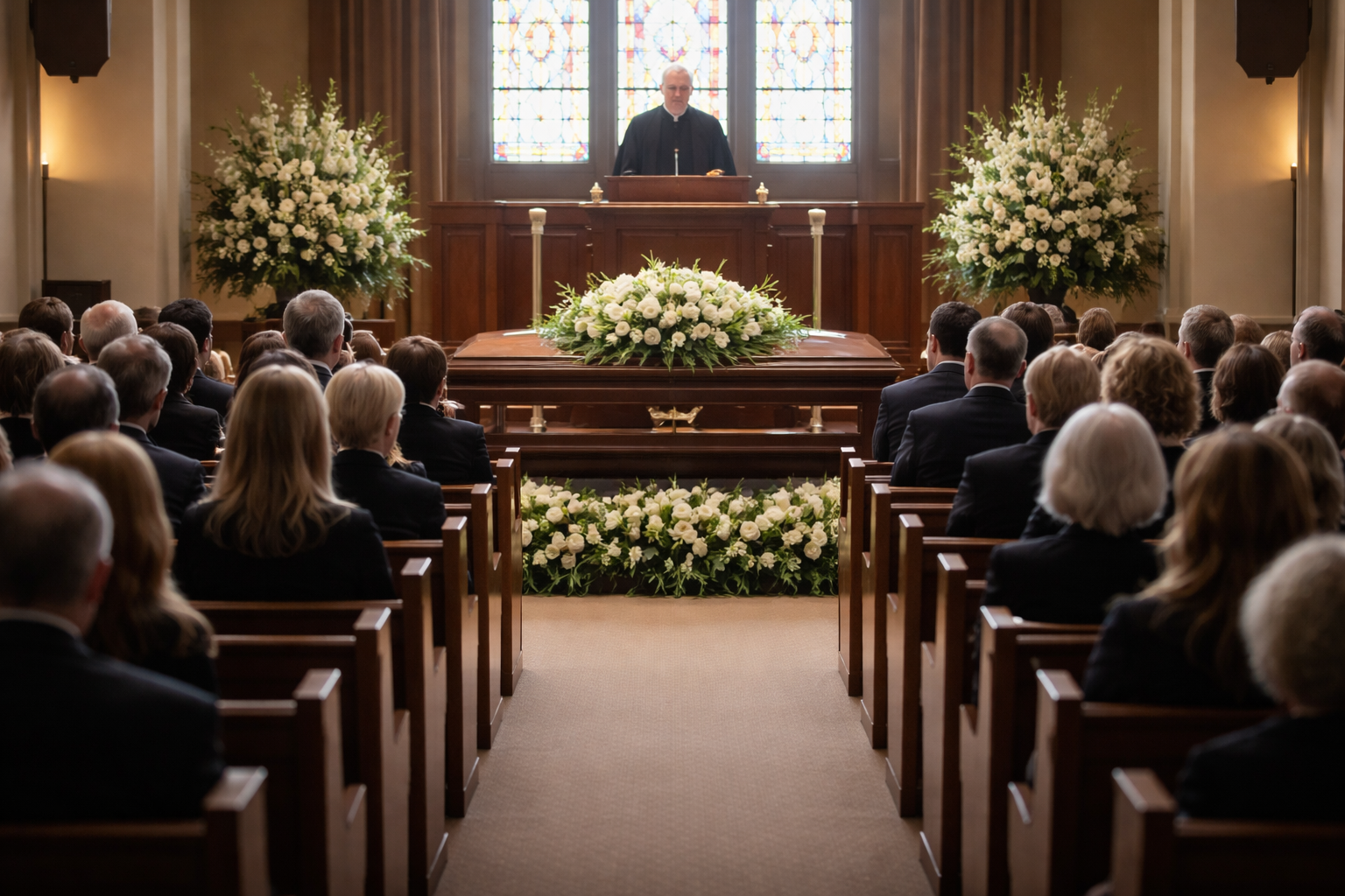 A funeral service in a church with guests in pews facing a casket adorned with flowers in front of a speaker.