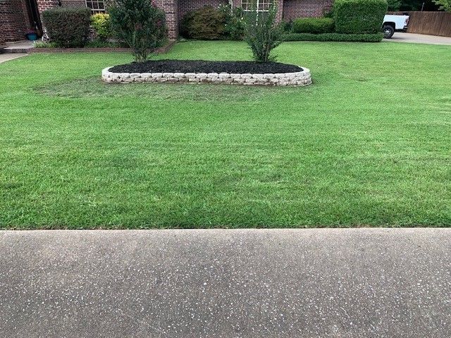 Green lawn with a circular garden bed, a sidewalk, and part of a house in the background.