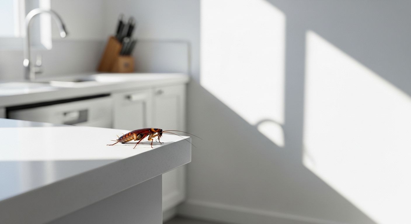 A cockroach is sitting on a kitchen counter.