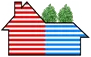 A red , white and blue striped house with two trees on the roof.