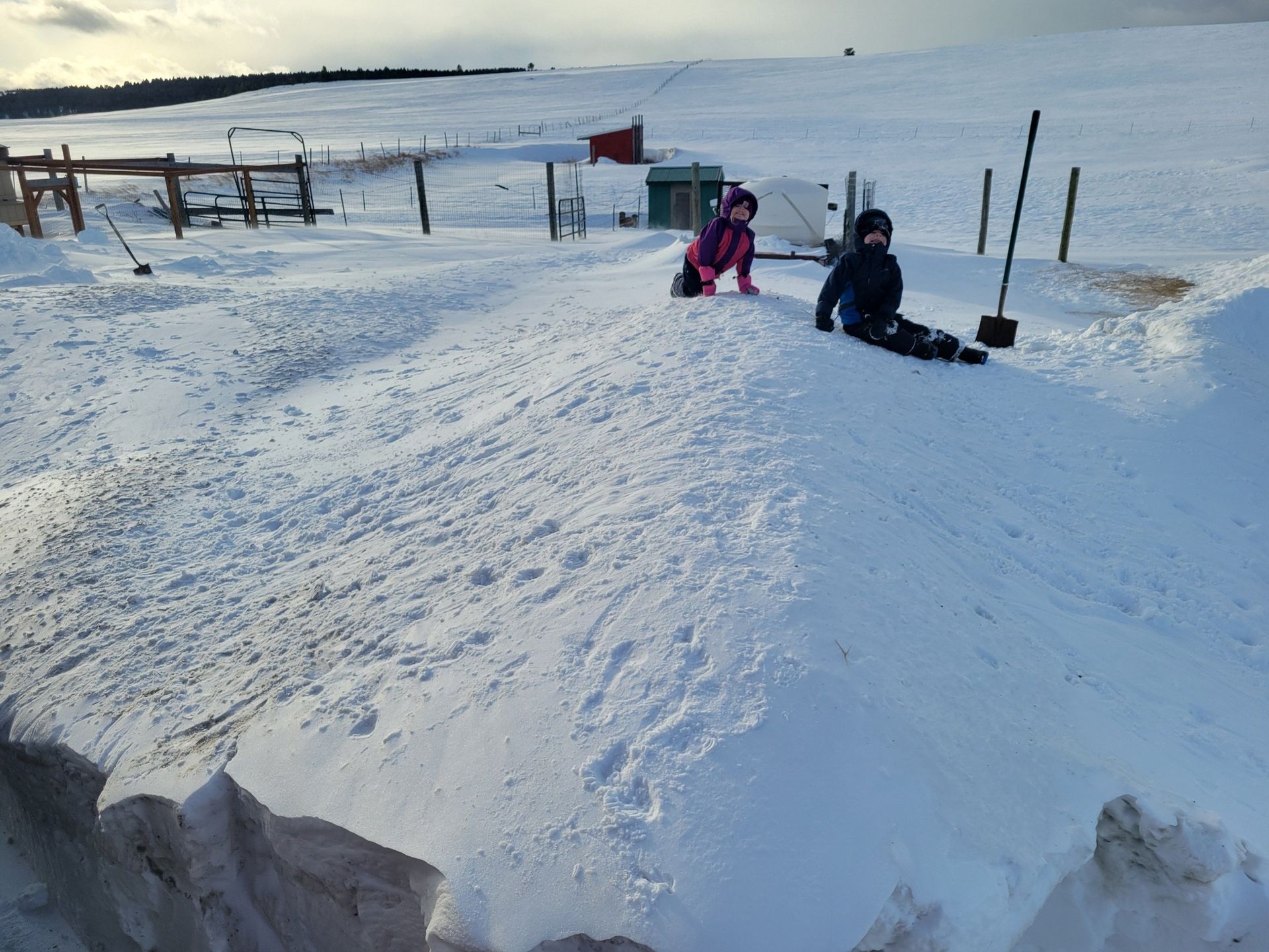 Two children on a snowy hill, about to slide down. A fence and building are in the background.
