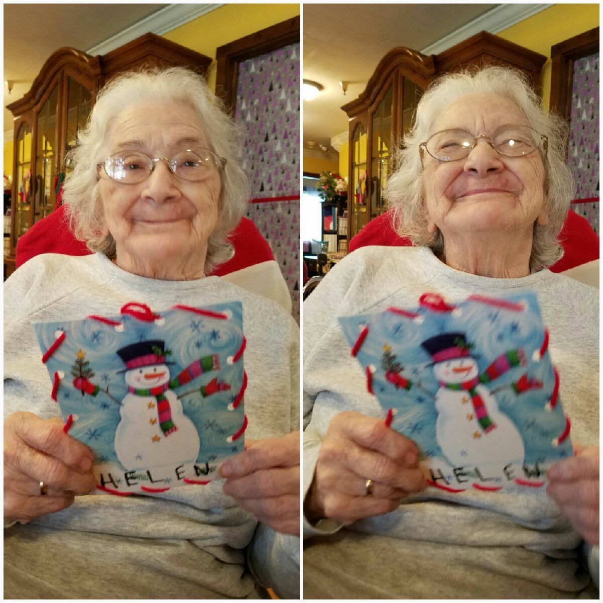 Two photos of an elderly woman named Helen smiling, holding a snowman card, indoors.