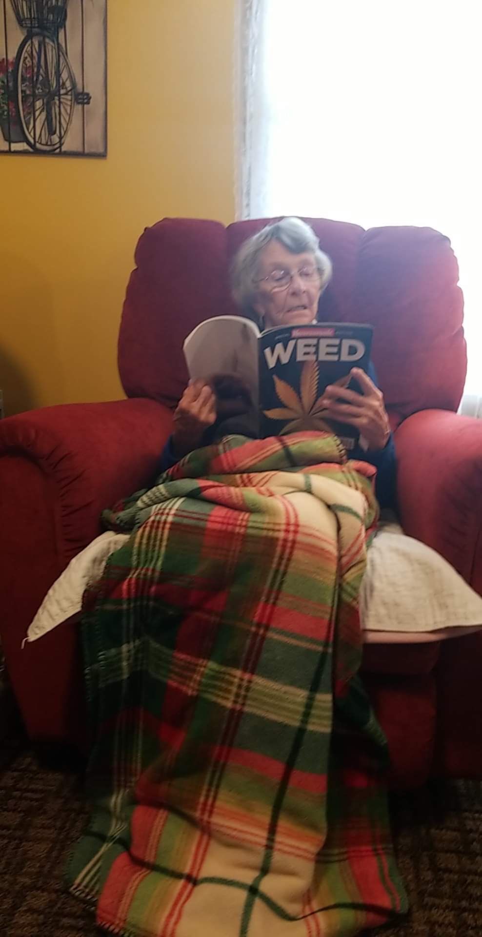 Elderly woman in a recliner reading a book titled 