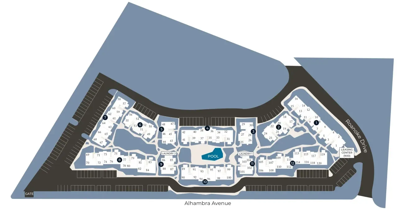 Apartment complex layout; various buildings surrounding a courtyard with a pool, parking areas.