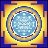 a blue and yellow mandala with triangles in a circle on a blue and yellow background .