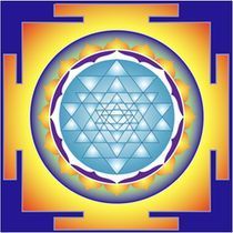 a blue and yellow mandala with triangles in a circle on a blue and yellow background .